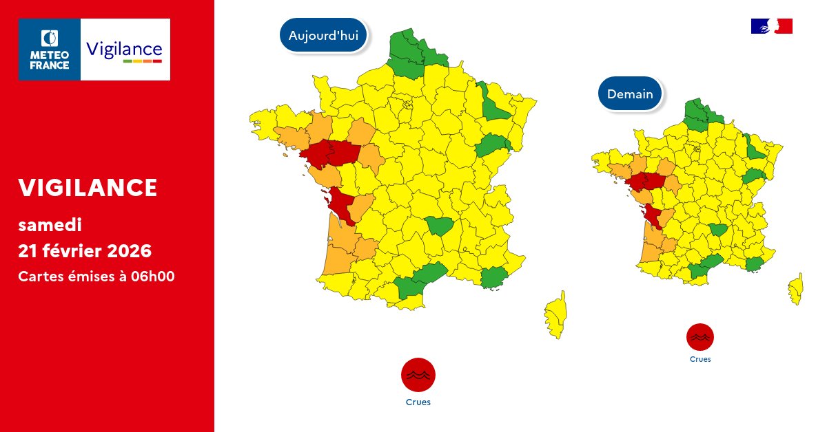 Pour samedi 21 février 2026 :
🔴 3 départements en Vigilance rouge
🟠 9 départements en Vigilance orange

Pour dimanche 22 février 2026 :
🔴 3 départements en Vigilance rouge
🟠 9 départements en Vigilance orange

Restez prudents et informés :
vigilance.meteofrance.fr