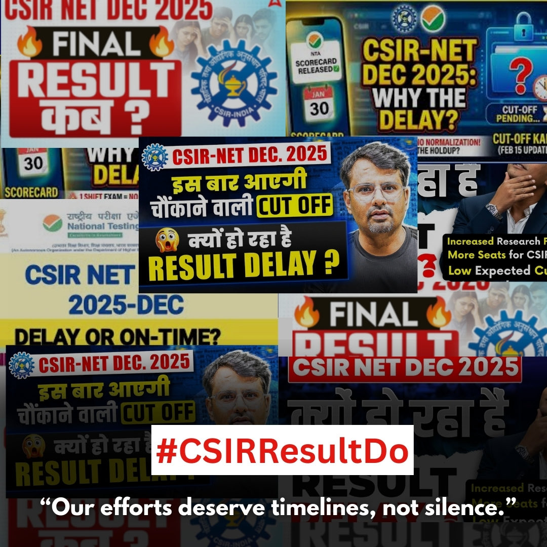 GPSirOfficial's tweet photo. 𝗖𝗦𝗜𝗥 𝗡𝗘𝗧 𝗗𝗲𝗰 𝟮𝟬𝟮𝟱 𝗥𝗲𝘀𝘂𝗹𝘁𝘀 𝗦𝘁𝗶𝗹𝗹 𝗣𝗲𝗻𝗱𝗶𝗻𝗴. 𝗪𝗵𝗮𝘁’𝘀 𝗥𝗲𝗮𝗹𝗹𝘆 𝗛𝗮𝗽𝗽𝗲𝗻𝗶𝗻𝗴? #CSIRResultDo

Thousands of science students appeared for the CSIR NET December 2025 exam, aiming for JRF, lectureships, and research careers.

Months later, the results are still not released, and I haven't seen an official, transparent update on the timeline or the reason for the delay.

Meanwhile:
Paper leak arrests were reported before the exam, creating distrust, Students are anxious and stuck in uncertainty

UGC NET results were released on time, so why is CSIR NET delayed? This is not a minor procedural issue.

It is a serious accountability concern.
Around 2 to 2.5 lakh students are waiting.

Their academic plans, fellowships, PhD admissions, and careers are on hold.

CSIR NET is the gateway to research and academia in science. Delays without communication are unacceptable.

Students deserve:
- Clear and official communication
- A public timeline for result declaration
- Assurance of fairness
- Transparency in the evaluation process

If research talent waits endlessly just for results, how can we expect a strong research ecosystem?

India has brilliant scientific minds.
The system must respect their time, effort, and future.

𝗖𝗹𝗮𝗿𝗶𝘁𝘆 𝗶𝘀 𝗻𝗼𝘁 𝗮 𝗹𝘂𝘅𝘂𝗿𝘆.
𝗜𝘁 𝗶𝘀 𝗮 𝗿𝗲𝘀𝗽𝗼𝗻𝘀𝗶𝗯𝗶𝗹𝗶𝘁𝘆.

#CSIRResultDo #CSIRNET #Dec2025 #AcademicTransparency #ResearchCareer #HigherEducation #StudentVoice