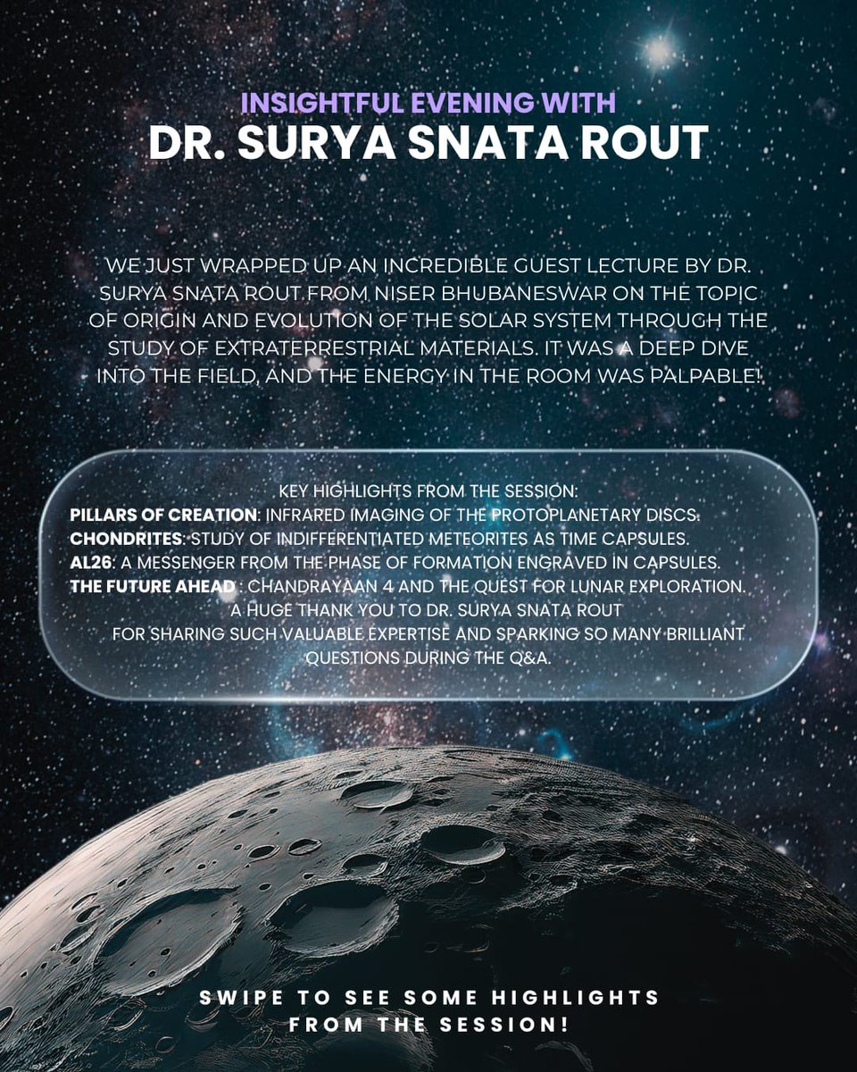 NITPatna1's tweet photo. 🚀 NIT Patna’s #Astronova hosted Dr. Surya S. Rout for a cosmic talk on meteorites — time capsules from 4.6B years ago! 🌌 He revealed how space rocks hold clues to Earth’s water, organics, and even life’s origins. Big thanks to Dr. Neeraj Shukla, Prof. Prabhat Kumar &amp; team! 💡 https://t.co/CeedLv8e7z