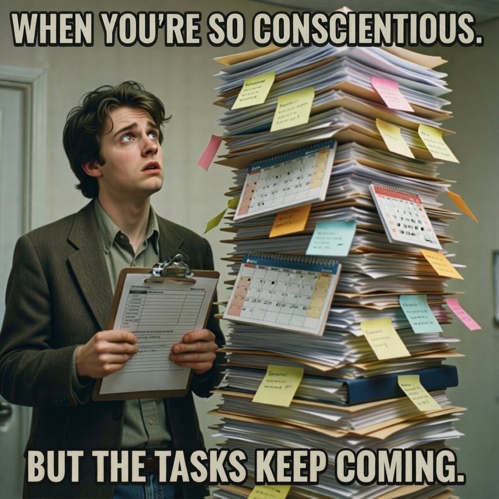 positeevitee's tweet image. When you're super conscientious but the tasks just keep coming! 😤 #Conscientiousness #Meme #Relatable