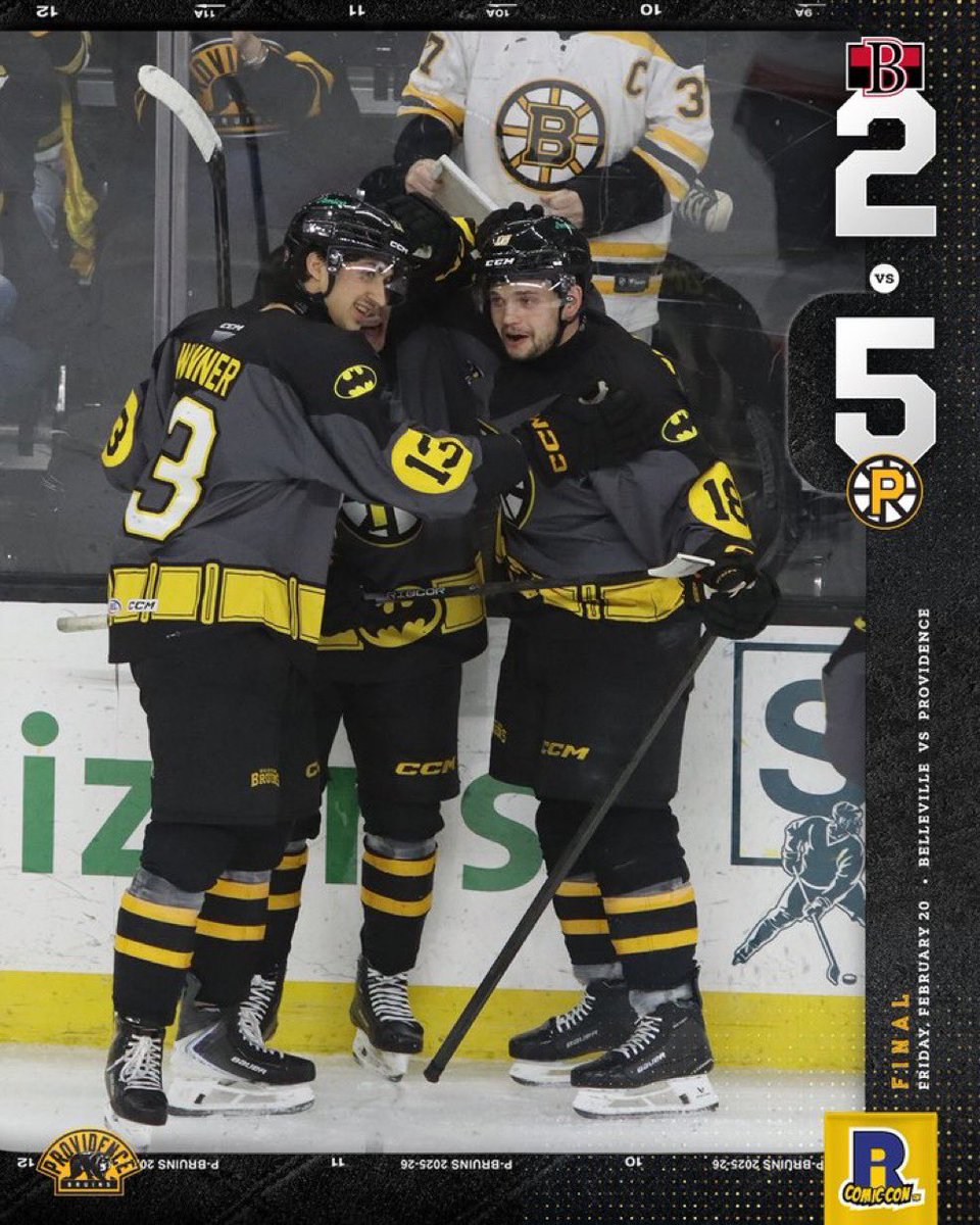 P-Bruins mají 13 vítězství v řadě 👏👏

- Providence Bruins dnes v noci přejeli Belleville Senators 5:2 a stanovili klubový rekord 13. výhrou v řadě 💪

- ⭐️ zápasu - Brett Harrison (2+0), Matěj Blümel (1+1), Georgii Merkulov (0+2)
- Harrisonův první gól byl nejrychlejším gólem