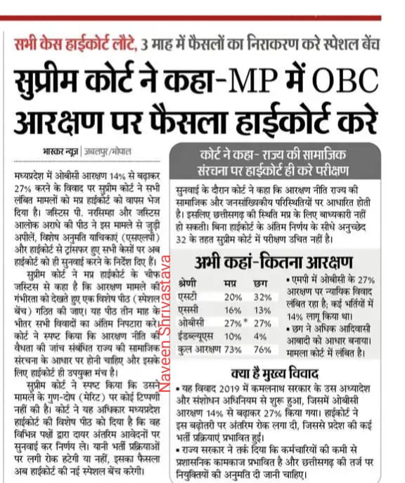 मध्यप्रदेश में ओबीसी आरक्षण को लेकर जो घटनाक्रम सामने आया है, वह केवल एक कानूनी विवाद नहीं, बल्कि लाखों युवाओं के भविष्य से जुड़ा सवाल है। मुझे हैरानी है कि हमारी कांग्रेस सरकार ने ओबीसी वर्ग को 27% आरक्षण देने की  प्रक्रिया पूरी कर दी थी, और 27% आरक्षण प्रदेश में लागू भी हो गया