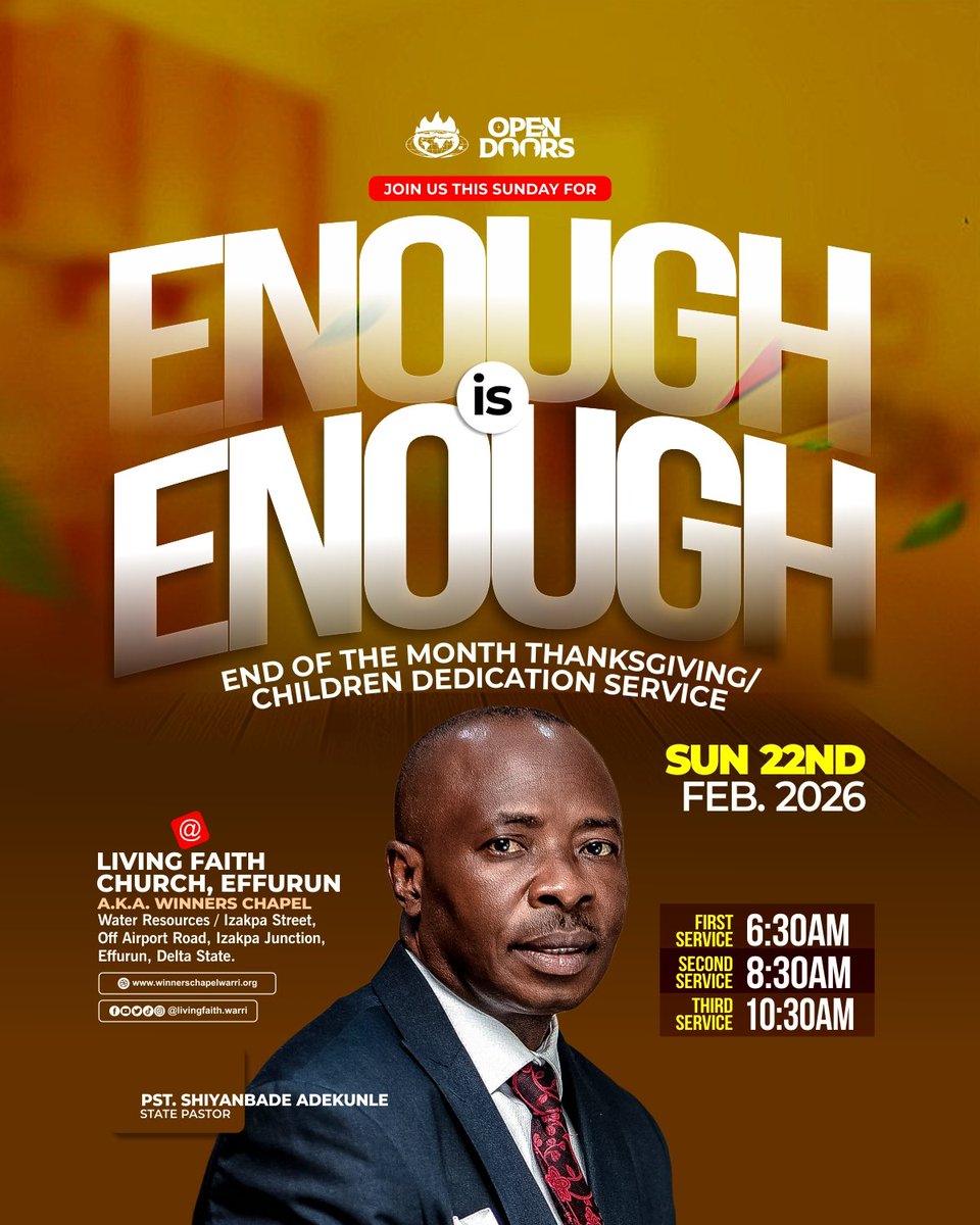 LivingWarri's tweet photo. Join us this Sunday at our Enough is Enough, End of the Month Thanksgiving and Children Dedication Sunday Service...
.
.
.
.
.
.
#EnoughisEnoughService 
#EndOfTheYearThanksgivingService 
#2026OpenDoors 
#WinnersChapelWaterResources https://t.co/dYFBQ1vdPr