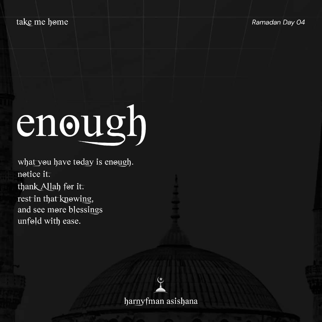 harnyfman's tweet photo. take me home
ramadan — day 4 | enough
contentment begins when we stop focusing on wat is missing and recognise wat Allah has already given. when the heart accepts dt today’s portion is enough, it settles. gratitude turns awareness into worship, opening the heart to Allah’s mercy. https://t.co/PkipQsFuSj