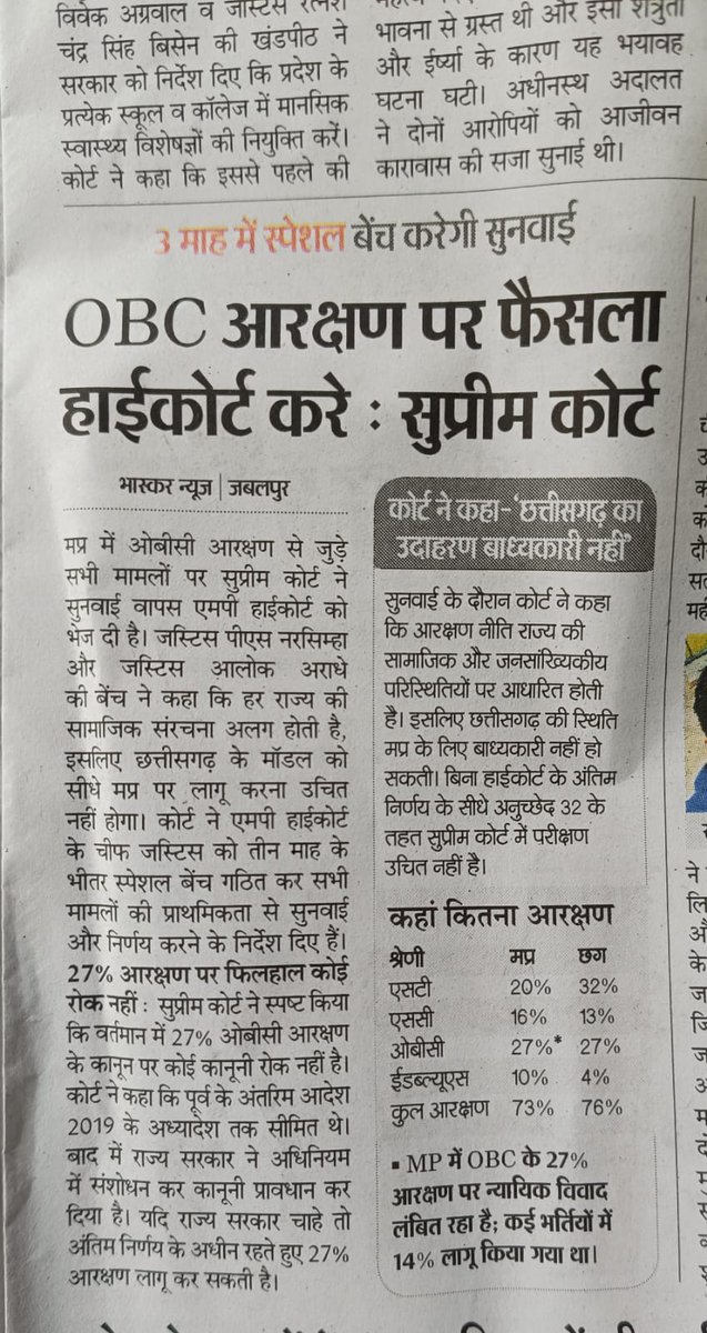 मध्य प्रदेश में 27% ओबीसी आरक्षण के अनुपालन में वर्तमान में अब कोई रोक टोक नहीं है, 

सुप्रीम कोर्ट ने गेंद अब राज्य के पाले में डाल दी

क्या हाई कोर्ट सही फैसला करेगा?
<a href="/DrJaihind/">Dr Anil 'JaiHind' 🇮🇳</a>
