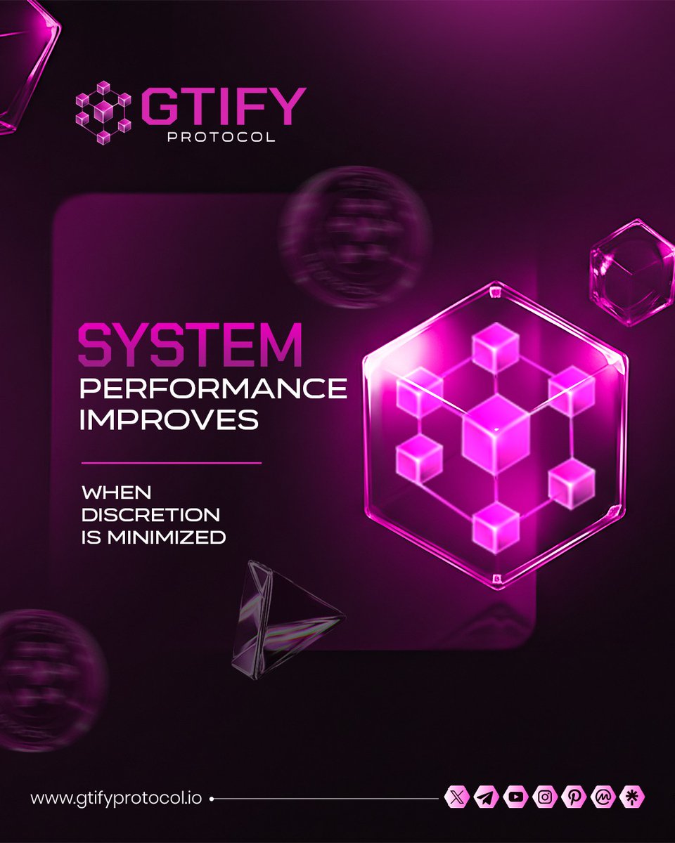 gtifyprotocol's tweet photo. Performance improves when discretion is minimized.

GTIFY operates through programmed logic,
not variable decision-making. ⚙️
Clear structure reduces uncertainty
and allows the system to function efficiently. 📊

#GTIFY #SystemPerformance #StructuredExecution #OnChainEfficiency https://t.co/iB6E66GzjA
