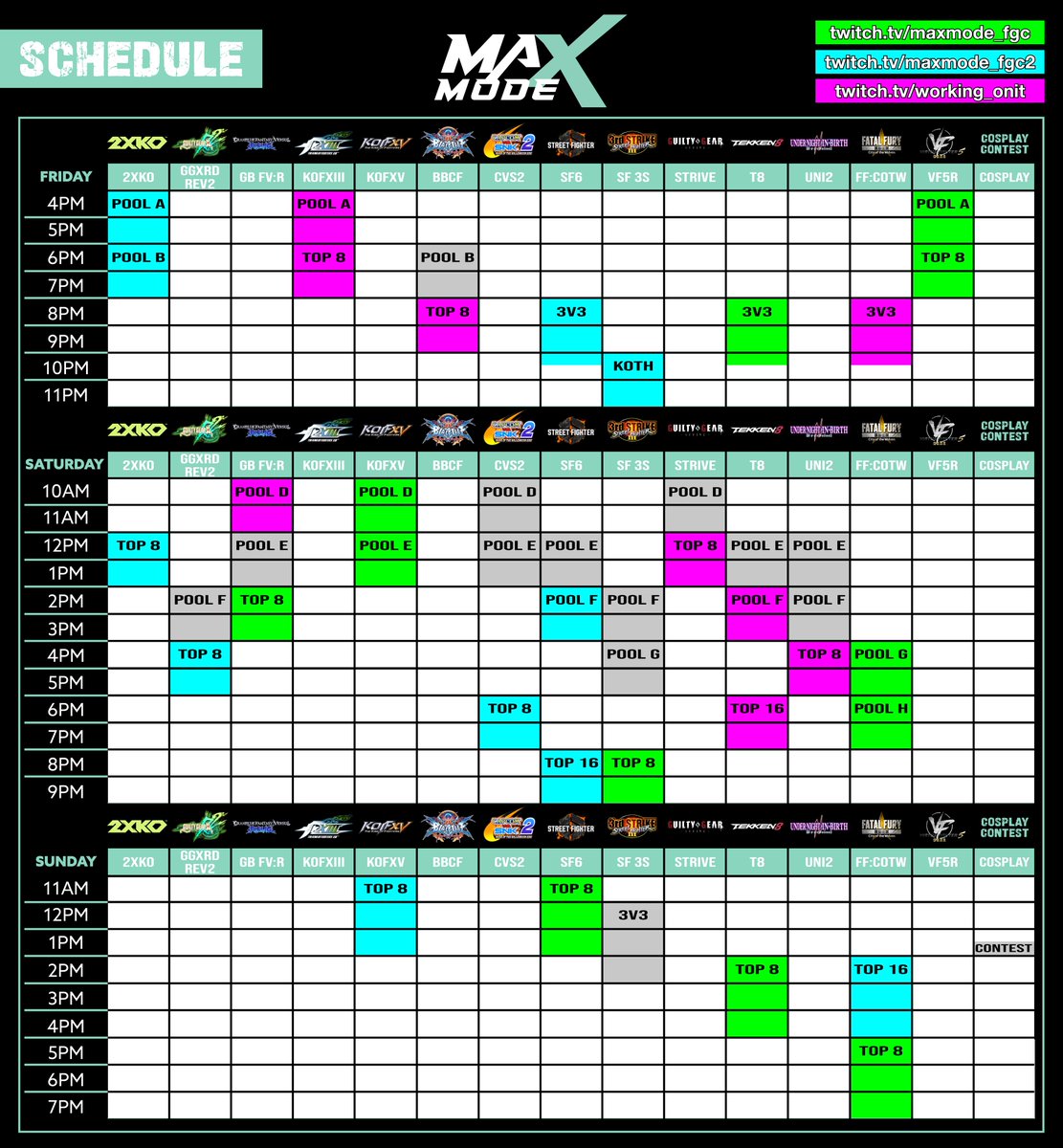 data_fgc's tweet image. Schedules are now available for #MAXMODE2026! Check out start.gg/maxmode3 for more details. Don't forget to submit your bracket feedback before this Sunday at 11:59 PM ET.