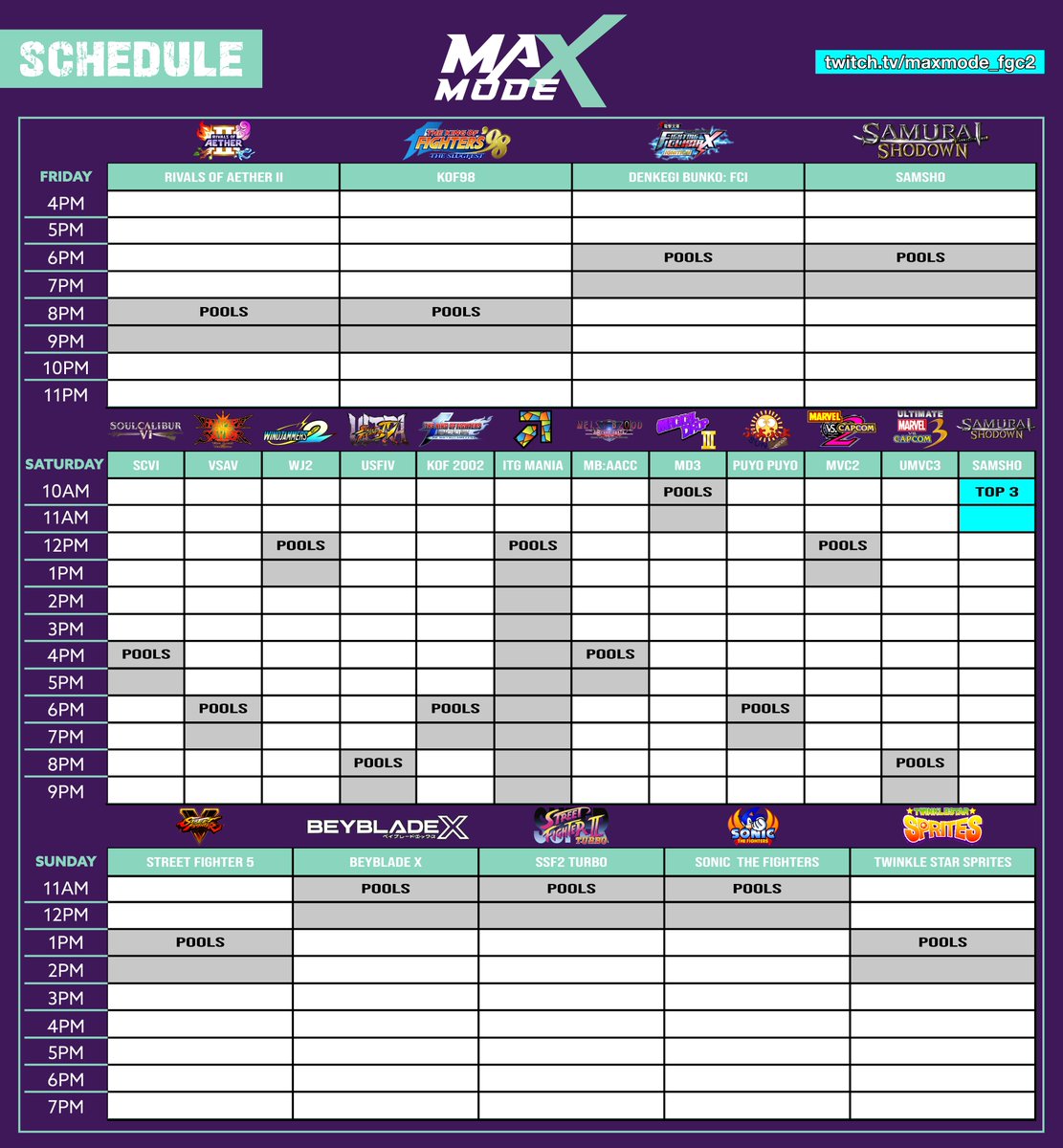 data_fgc's tweet image. Schedules are now available for #MAXMODE2026! Check out start.gg/maxmode3 for more details. Don't forget to submit your bracket feedback before this Sunday at 11:59 PM ET.
