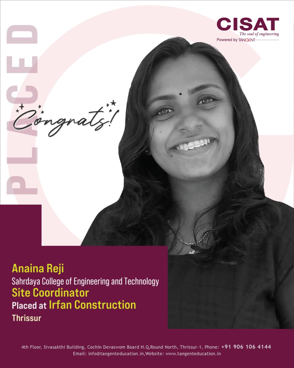 TangentEdu's tweet photo. Congratulations Anaina Reji 🎉
Placed as Site Coordinator at Irfan Construction, Thrissur.
Wishing you all the best for your career ahead ✨ https://t.co/tbUP632HR0