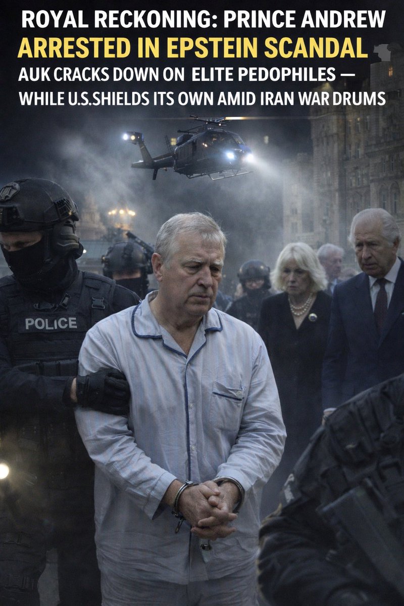 UnhingedHL's tweet photo. Royal Reckoning: Prince Andrew Arrested in Epstein Scandal as UK Cracks Down on Elite Pedophiles—While U.S. Shields Its Own Amid Iran War Drums

In a seismic blow to the British establishment, Prince Andrew, Duke of York, was dramatically arrested early this morning at Windsor Castle on charges related to his alleged involvement in the Jeffrey Epstein sex trafficking ring. The 65-year-old royal, long embroiled in accusations of sexual misconduct with underage victims, was taken into custody by Scotland Yard detectives in a pre-dawn raid that stunned the nation and signaled a potential turning point in the monarchy’s tolerance for scandal among its ranks.

Eyewitnesses described a scene straight out of a thriller: Heavily armed officers in tactical gear breached the castle grounds under cover of darkness, with helicopters hovering overhead and flashbangs lighting up the historic estate. Prince Andrew, reportedly in his pajamas, was led away in handcuffs as Queen Camilla and other family members looked on in horror. Buckingham Palace issued a terse statement: “The King has been informed. The monarchy stands for justice, and no one is above the law.”

The arrest stems from newly unsealed documents from the Epstein case, including victim testimonies and flight logs placing Andrew on Epstein’s infamous “Lolita Express” private jet multiple times. Virginia Giuffre, one of Epstein’s accusers, hailed the development as “vindication after years of stonewalling.” Sources close to the investigation reveal that U.S. authorities, including the FBI, provided crucial evidence under a renewed extradition push, forcing the UK’s hand. “This isn’t just about Andrew,” said a senior prosecutor anonymously. “It’s a message: The era of protecting the elite is over.”

The move has been lauded as a bold step by King Charles III’s administration to purge the royal family of its tainted members, following Andrew’s earlier stripping of titles and military honors. Advocacy groups like Survivors’ Voices UK praised it as “long overdue accountability for rich pedophiles who hid behind crowns and connections.” Public outrage, fueled by Netflix documentaries and ongoing civil suits, appears to have finally tipped the scales, with polls showing 78% of Britons supporting the arrest.

Yet, across the Atlantic, the contrast could not be starker—or more infuriating to critics of American hypocrisy. As the UK confronts its demons, the United States grapples with its own web of elite impunity, where alleged predators continue to wield immense power in boardrooms and even the Oval Office. Jeffrey Epstein’s infamous “black book” implicated numerous Fortune 500 CEOs, Wall Street titans, and political heavyweights, yet few have faced real consequences. Bill Gates, who admitted to regretting his Epstein ties, remains a tech icon; Leon Black of Apollo Global Management paid a $158 million settlement amid accusations but keeps his billionaire status intact.

Most explosively, President Donald Trump, whose past associations with Epstein have resurfaced in court filings, is accused by detractors of embodying this double standard. Trump, who once called Epstein a “terrific guy” who liked “beautiful women… on the younger side,” has denied wrongdoing but faces ongoing scrutiny over Mar-a-Lago guest lists and a 2002 flight log entry. Now, as tensions with Iran escalate into what experts call a “brink-of-war crisis,” critics lambast the system allowing such figures to “start wars while evading justice.”

Just yesterday, Trump ordered a massive naval surge toward the Strait of Hormuz, deploying two carrier strike groups amid accusations that Iran is repositioning drones under cover of Russian drills. 

“We’re ready to strike if they don’t back down,” Trump thundered at a rally in Florida, ignoring calls to address his own scandals.

See more in comments 👇👇👇

#EpsteinFiles #Royalfamily
