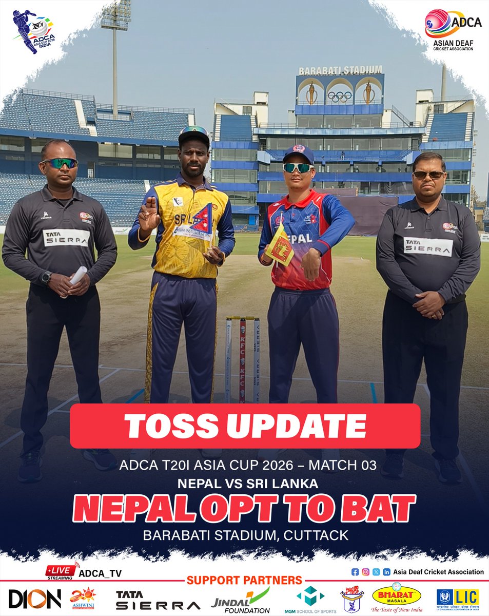 🏏 Toss Update | Match No. 03 | ADCA T20I Asia Cup 2026

🇳🇵 Nepal have won the toss and elected to bat first against 🇱🇰 Sri Lanka at the iconic Barabati Stadium, Cuttack.

Nepal will aim to build a strong total, while Sri Lanka will be eager to take early wickets and gain control