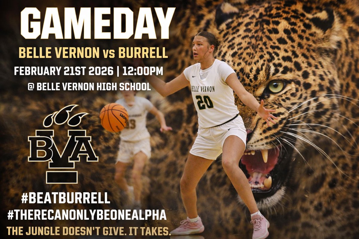 BVAbasketball's tweet photo. Itโs time to defend the jungle. ๐๐
Belle Vernon vs Burrell
๐
February 21st | โฐ 12:00 PM | ๐ Home Court
The jungle doesnโt giveโฆ it TAKES.
#BEATBURRELL #THERECANONLYBEONEALPHA https://t.co/vLrXpgeCq6