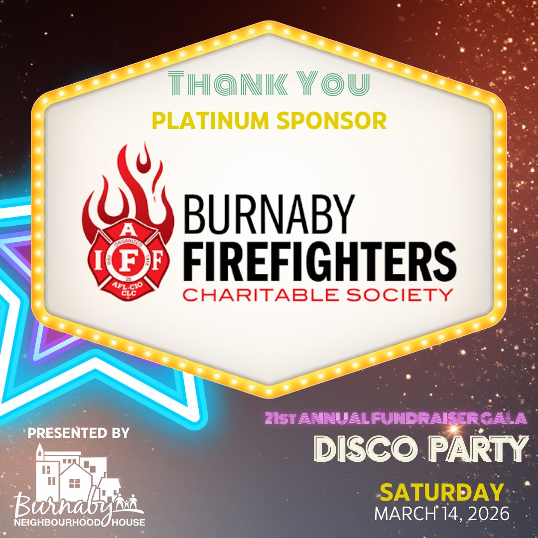SBurnabyNH's tweet photo. Thank you Burnaby Firefighters #IAFF323 for being our Platinum Sponsor for this year’s Disco Party Gala on March 14th!   Other ways to support BNH: make a donation or bid on our online silent auction at https://t.co/G4GfSpqbLm #BNHGala2026 https://t.co/Iqz8m8VsYx