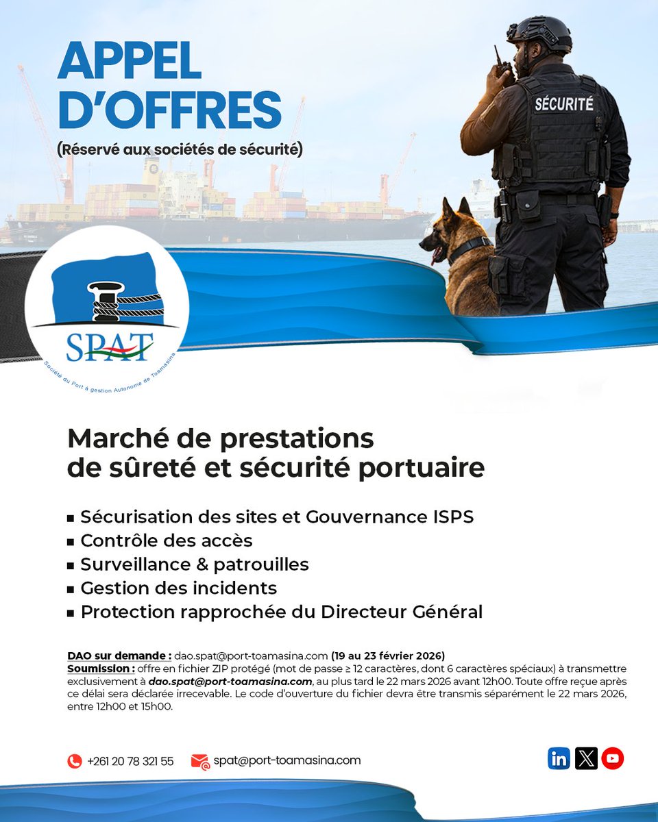 SPAT_Toamasina's tweet image. 🛡️ APPEL D’OFFRES – Sûreté &amp;amp; Sécurité portuaire  

Dans le cadre de sa vision SPAT 2.0, la #SPAT lance un marché stratégique à obligation de résultat, aligné sur les exigences du #ISPScode  

Consultez les détails ici : bit.ly/4kQUtdd