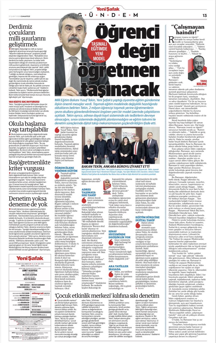 🔴Eğitimde yeni uygulamalar 

📌Milli Eğitim Bakanı Yusuf Tekin: 

📍“Öğrenci değil, öğretmen taşınacak” 
📍“Denetim yoksa deneme de yok” anlayışıyla uygulamalarda sıkı kontrol sağlanacak.
📍Okula başlama yaşı yeniden tartışmaya açılabilir.
📍Çocuk etkinlik merkezi adı altında