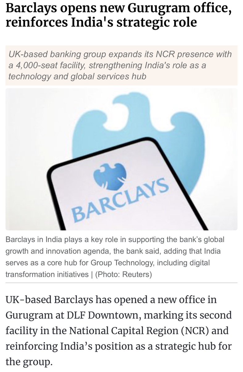 GauravGupta_RE's tweet photo. BARCLAYS opens its new Office at DLF Downtown, Gurgaon 

Size: 3,17,000 Sqft
Capacity: 4000 Employees 

This becomes its 2nd office in NCR after Noida 

The Bank had recently infused an additional £210 million into its India operations https://t.co/xRBBgllGjF
