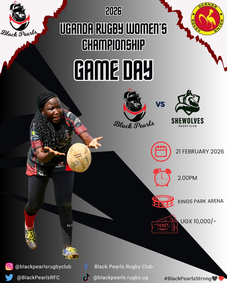 BlackPearlsRFC's tweet photo. Game day!!!

Black Pearls hosts @shewolvesrfc at @Kingsparkarena in Bweyogerere on match day 3 of the @UgandaRugby Women's Championship.

You don't want to miss this!

#BlackPearlsStrong 🖤♥️
#UgandaRugbyPremiership https://t.co/MYQSY6iMnA
