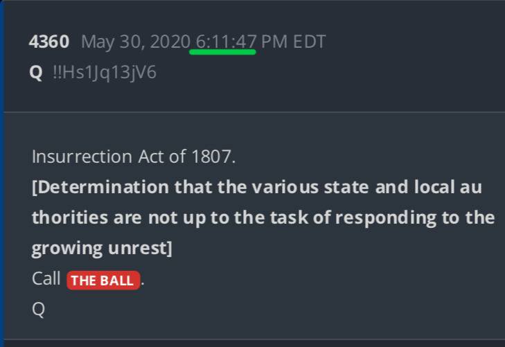 moosiewa_tusi's tweet photo. DJT🇺🇸 THE SOCCER BALL ⚽️ 
Timestamp: 4:48/16:48
#LetTheGamesBegin
#ItsAboutToBREAK
Comms: THE BALL
—>(2) drops w/4:48 & 16:48
💧4360—INSURRECTION Act of 1807.💥
[Determination that the various state and local authorities are not up to the task of responding to the growing unrest]
Call THE BALL.⚽️
💧4384—Roger BALL has been called.⚽️
Good and GREEN.🟢
Q