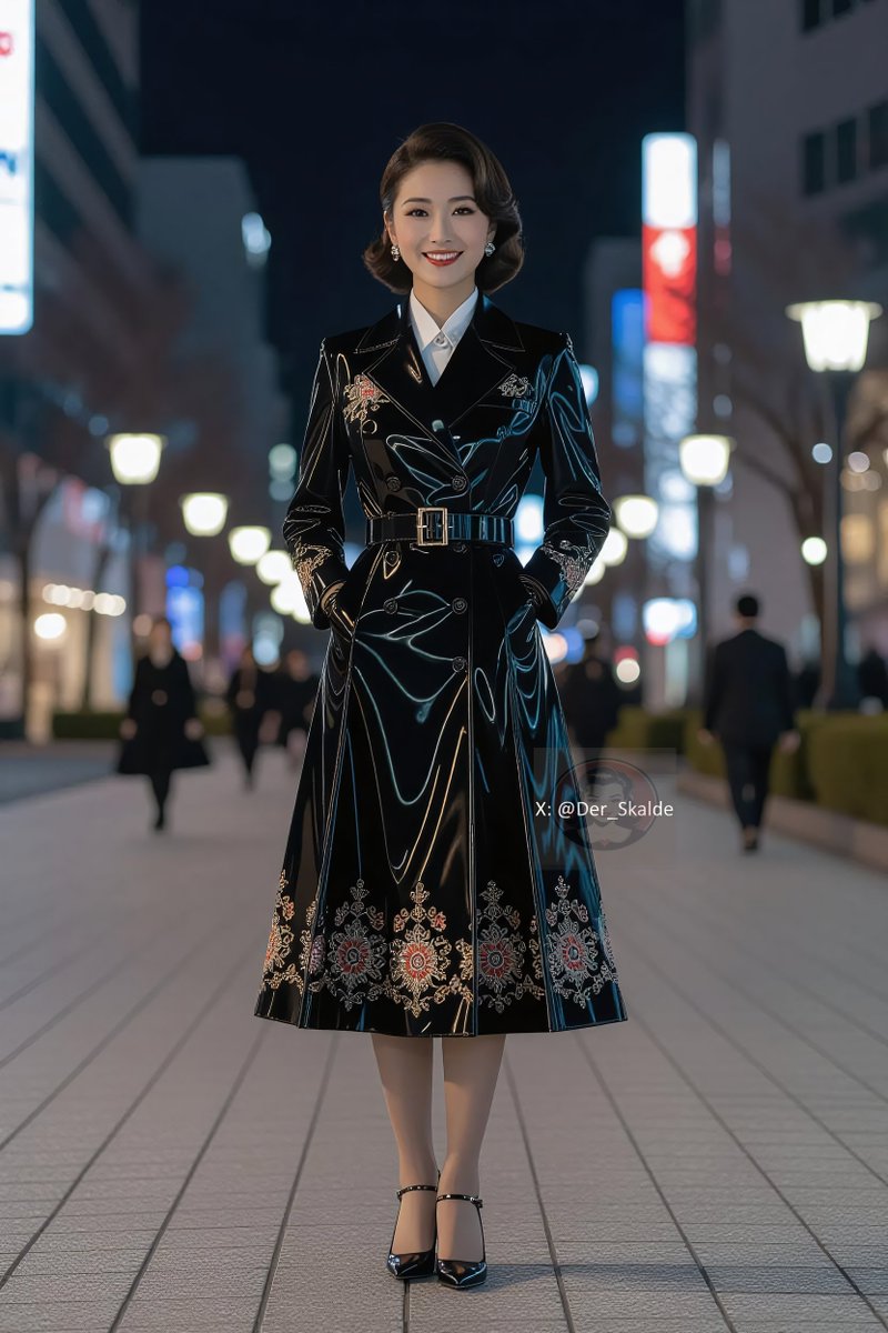 der_skalde's tweet image. Lacquered coat reflects neon bloom 
Floral gold on midnight grace 
Elegance owns the night
#latex #pvc #coat