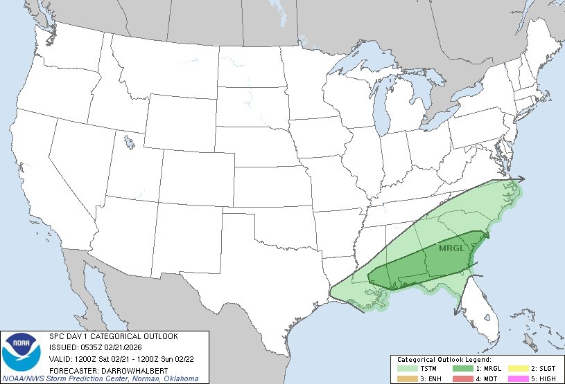 11:37pm CST #SPC Day1 Outlook Marginal Risk: eastern Gulf states to the south Atlantic coast spc.noaa.gov/products/outlo…
