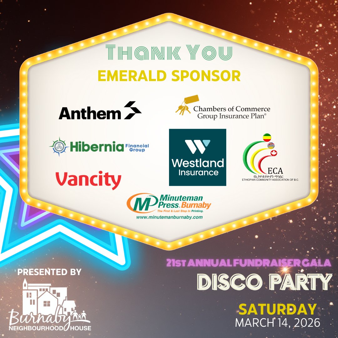 SBurnabyNH's tweet photo. A big thank you to our Emerald and Sapphire sponsors for their support in this year's Disco Party Gala! With their support, BNH continues to be the place where everyone can find a sense of belonging, and build connections together to build a stronger community.  #BNHGala2026 https://t.co/01G9WwLS70