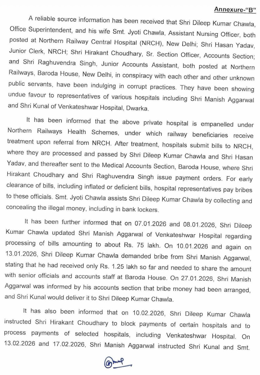 Railwhispers's tweet photo. @RailMinIndia @GM_NRly @AshwiniVaishnaw and Raghuvendra Singh, JAA, Manish Aggarwal &amp; Kunal disclose commission of offences punishable u/s 61(2) of BNS, 2023 &amp; section, 7, 8, 9 and 12 of PC Act, 1988. Hence, a regular case is registered &amp; entrusted to Aman Rana, Inspector, CBI, AC-III, New Delhi for investigation. https://t.co/nUBAeKS0Yo
