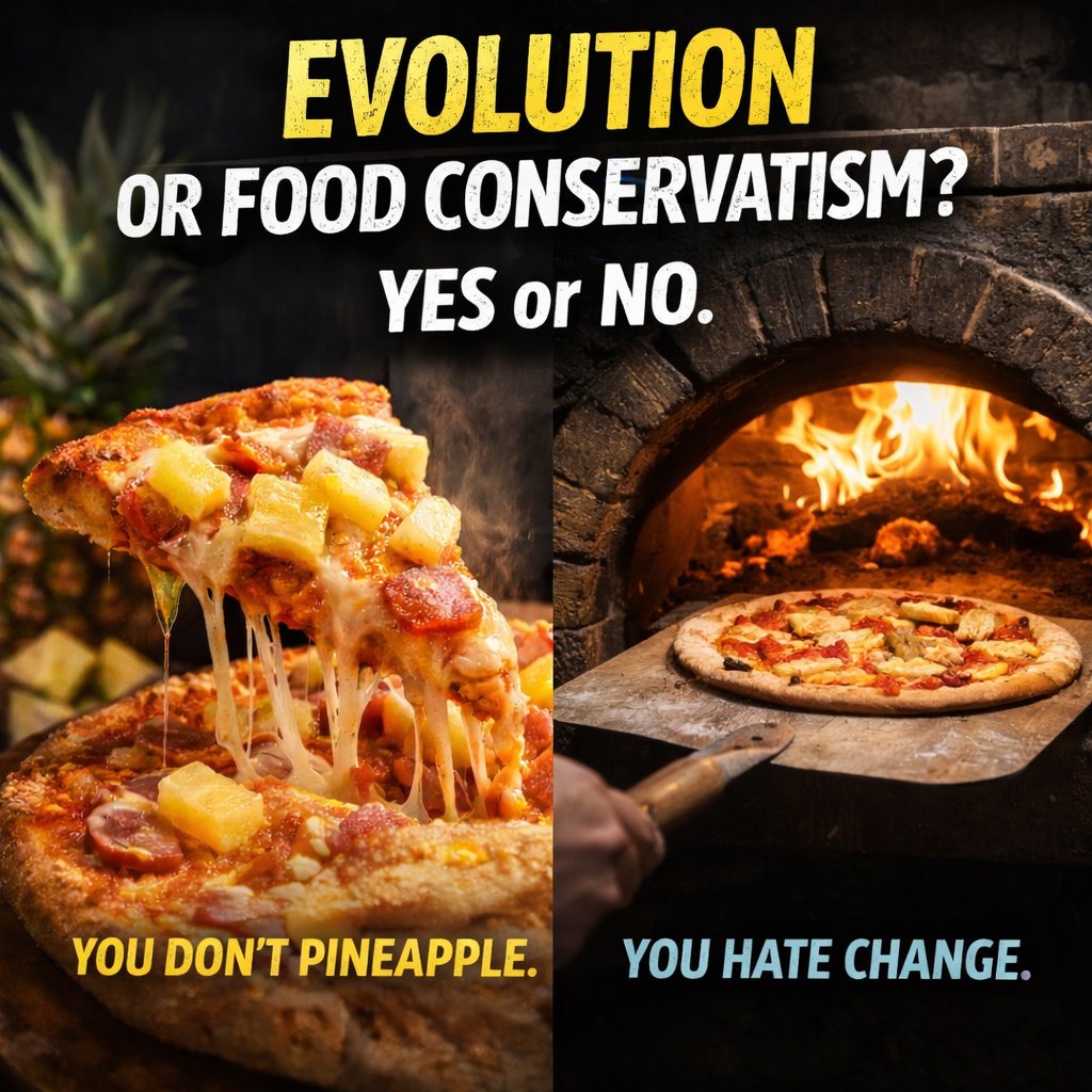 hotdebates_app's tweet photo. Tomatoes weren’t even Italian.

Pizza evolved.
Recipes change.
But pineapple is where you draw the line?

You don’t hate pineapple.
You hate change.

Evolution or food conservatism?
YES or NO.

https://t.co/8h0zVDulcE

#PineappleOnPizza #HotTake #TeamYes #TeamNo https://t.co/mgc3ZrCt2b
