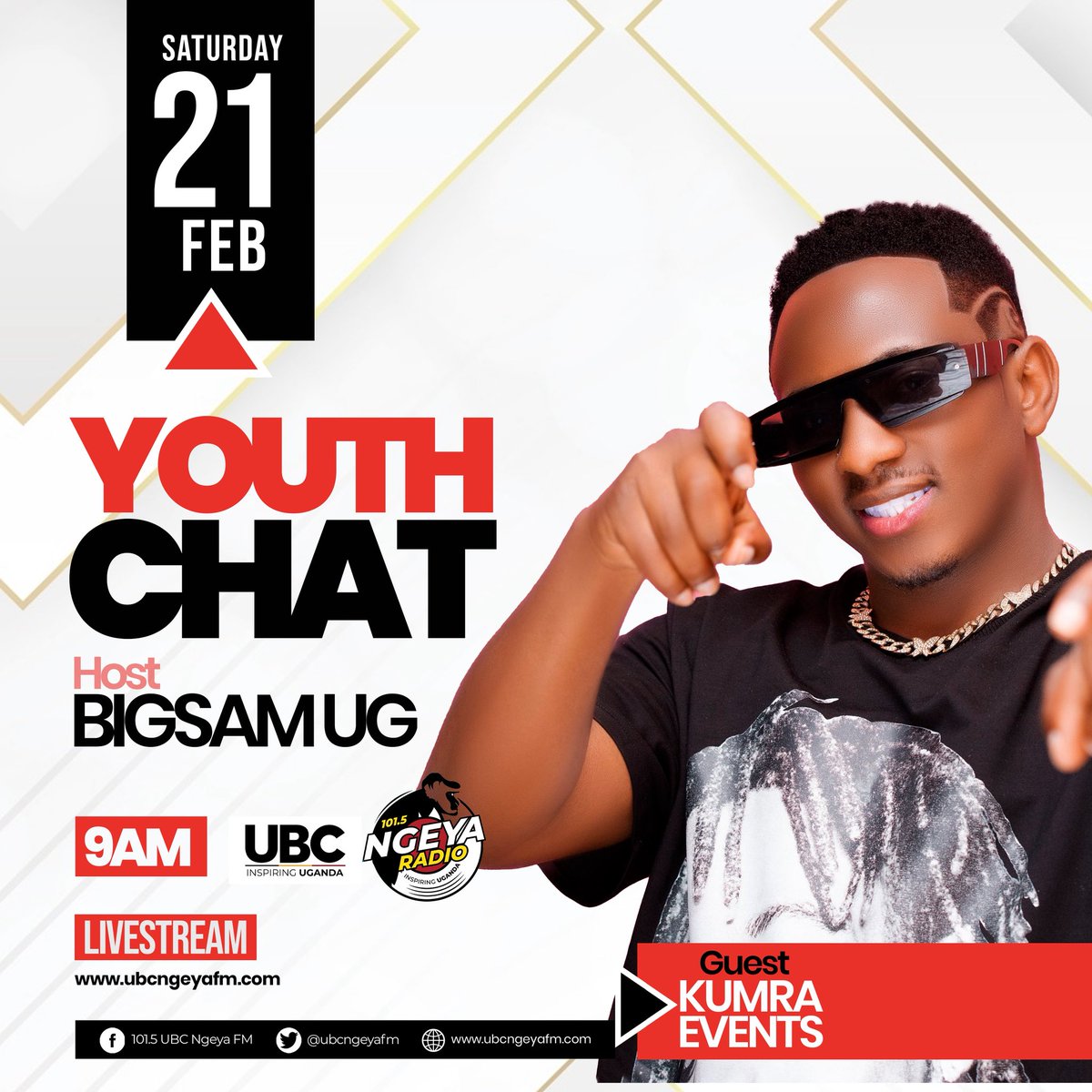 Step into the weekend with youthful conversations, lessons and fun, live on UBC Ngeya FM. The youth Chat show is here to lighten your Saturday morning. 

We’ve guests coming through to share with us some stories about life and more. Tune in now