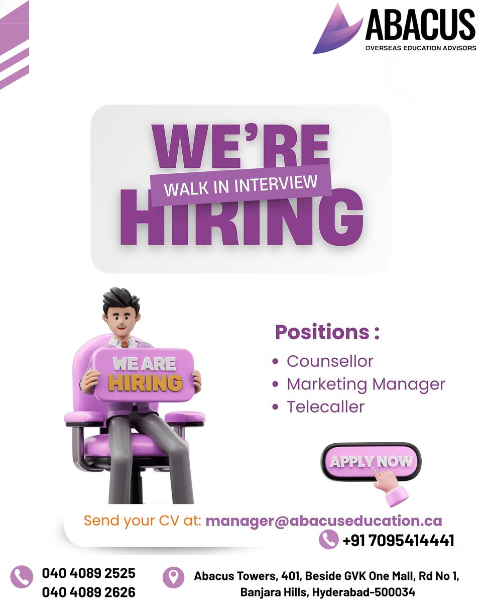 abacus_groups's tweet image. 🚀 WE’RE HIRING – Walk-In Interview!Join Abacus Overseas Education Advisors and be a part of a growing, dynamic team! 🌍📌 Open Positions:
• Counsellor
• Marketing Manager
• Telecaller📍 Location: Abacus Towers, Banjara Hills, Hyderabad
📞 Contact: +91 70954 14441 | 040 4089