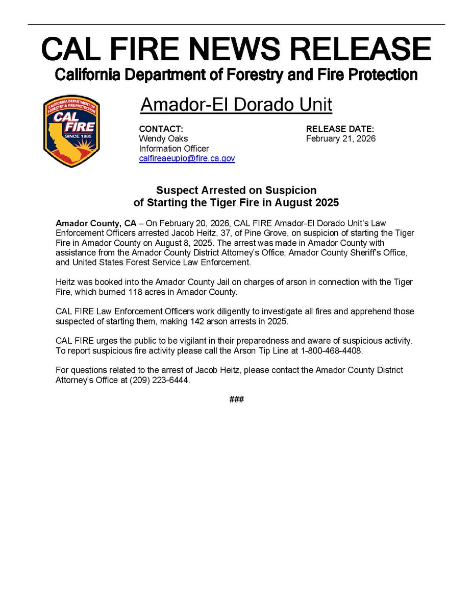 Suspect Arrested on Suspicion of Starting the Tiger Fire in August 2025

Yesterday, CAL FIRE AEU Law Enforcement Officers arrested Jacob Heitz, 37, of Pine Grove, on suspicion of starting the Tiger Fire in Amador County on August 8, 2025. Details below.