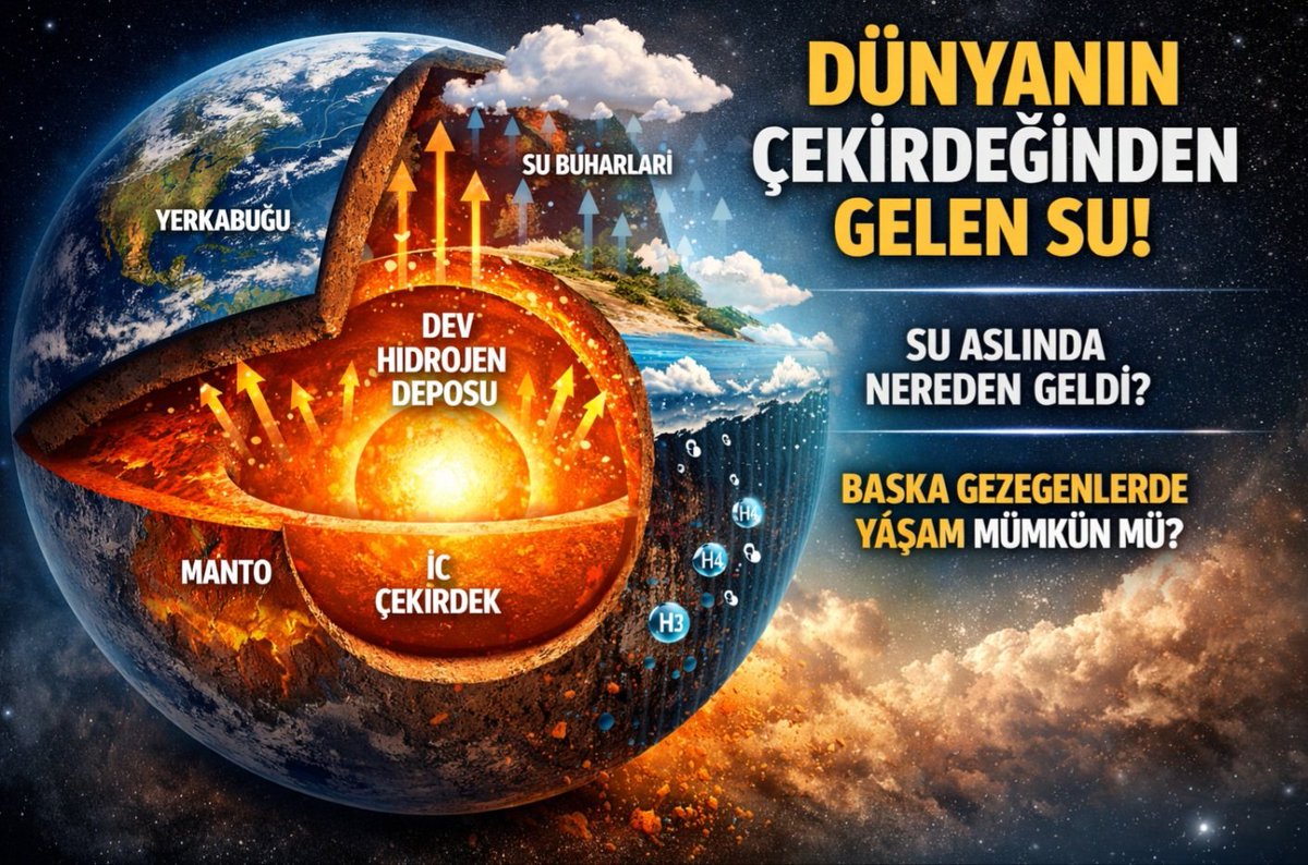 Nuh tufanına göre derinlerden gelen su dünyayı kapladı...
Dünya çekirdeğinde okyanusları 50 kez doldurabilecek kadar hidrojen bulunuyor.
Bu hidrojen, gezegenin içinden yüzeye taşınarak suyun kaynağını olmuşturmuş olabilir.
Şu soruları yeniden düşünmemiz gerekiyor.
• Suyun