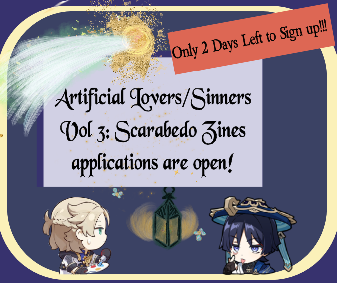 Applications close in 2 days for the main sfw and side nsfw scarabedo zines! Sign up soon!!! ♥️♥️♥️
☂️🌻 Form link: forms.gle/dmHh9UWfSiJzwU…