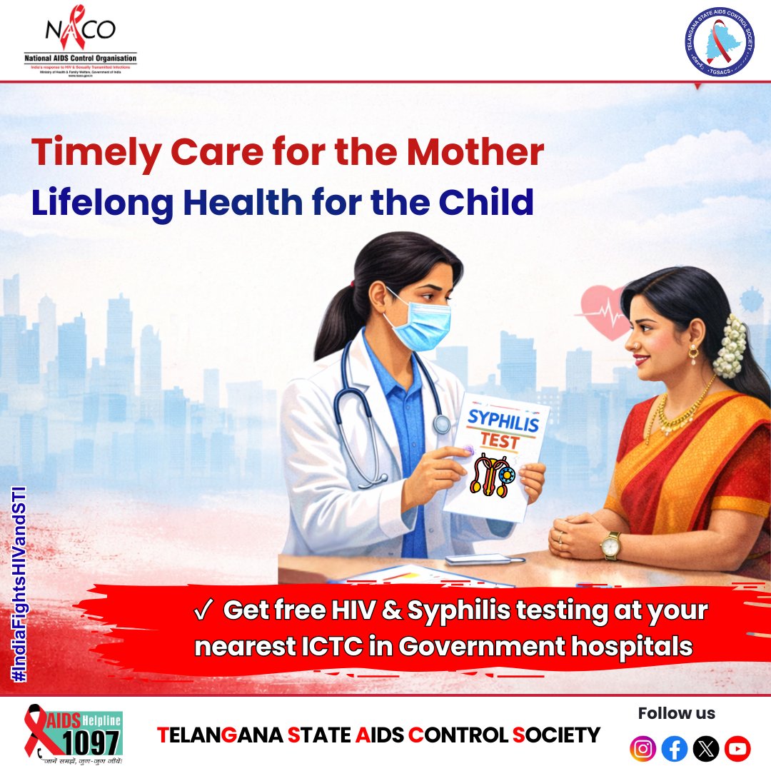 TGSACS1's tweet photo. Timely Care for the Mother,
Lifelong Health for the Child.
Get FREE HIV & Syphilis testing at your nearest ICTC in Government hospitals.
#IndiaFightsHIVandSTI
#MaternalHealth
#ChildHealth
#PreventHIV
#PreventSTI
#EarlyTesting
#HealthyFuture
#PublicHealth
#ICTC
#HealthForAll https://t.co/ZMYv4VCtfl