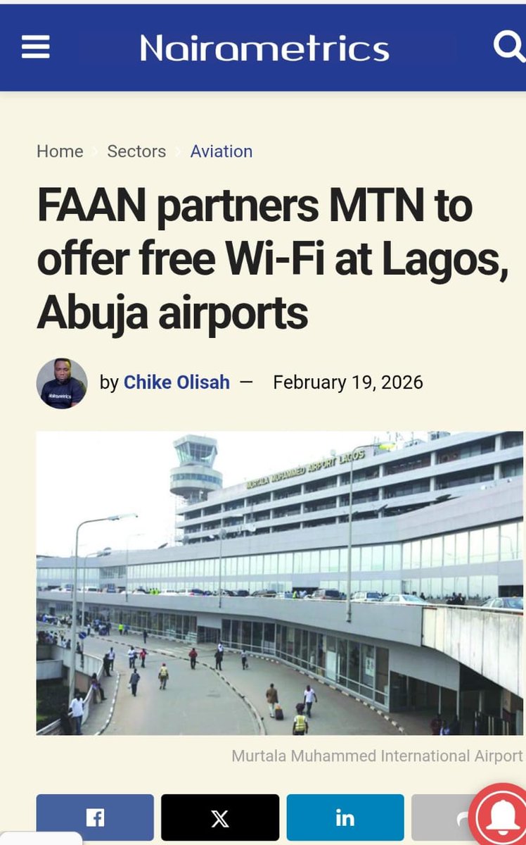 DOlusegun's tweet photo. Travel just got better in Nigeria!

The partnership between FAAN and MTN has yielded free 24/7 Wi-Fi at Murtala Muhammed Airport (Lagos) and Nnamdi Azikiwe International Airport (Abuja).

No data worries again... Charge your devices, video call your families, and post those arrival pics in real time.

Step by step, we're closing the gap with global standards. Let's keep pushing!