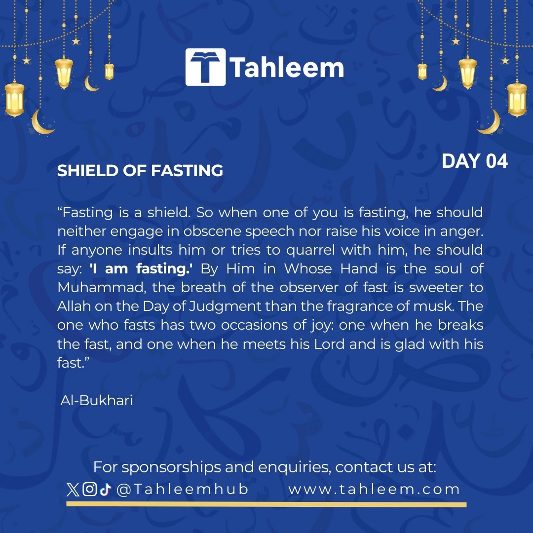 Day 4 — A Shield

Fasting isn’t just hunger — it’s protection for your soul.
Let your fast shield you from sin today.

#Ramadan #Day04 #Tahleem