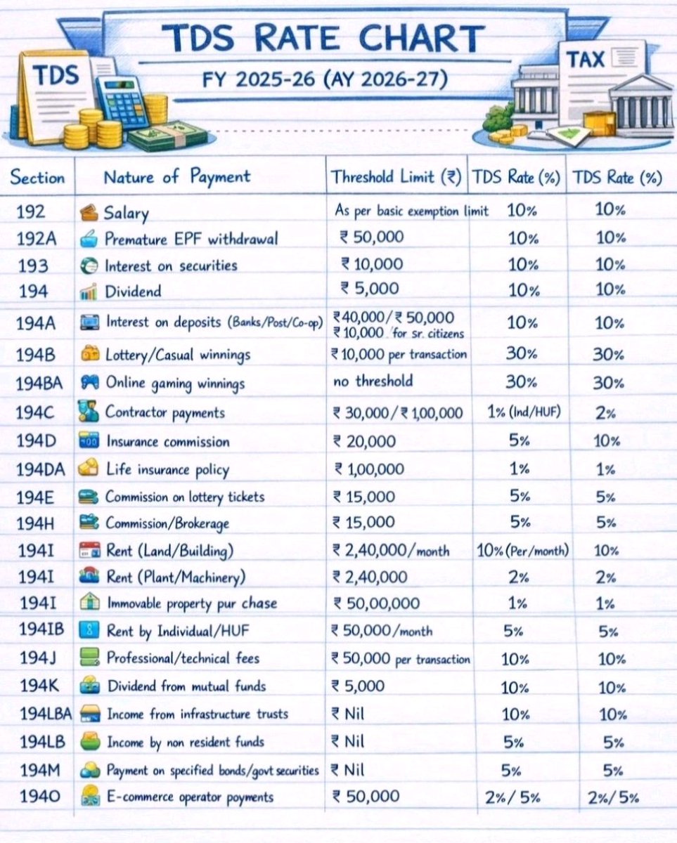 CANITINCHAWLA's tweet photo. TDS Rate Chart For Tax Year 25-26
Kindly Replace F.Y AND AY By Tax Year .
Follow the Tax Talk with CA Nitin Chawla A.C.C.A channel on WhatsApp: π https://t.co/7KtKmuv6rW
#TDS
#TDSCHART
#TAXYEAR
#INCOMETAX
#TAXUPDATES