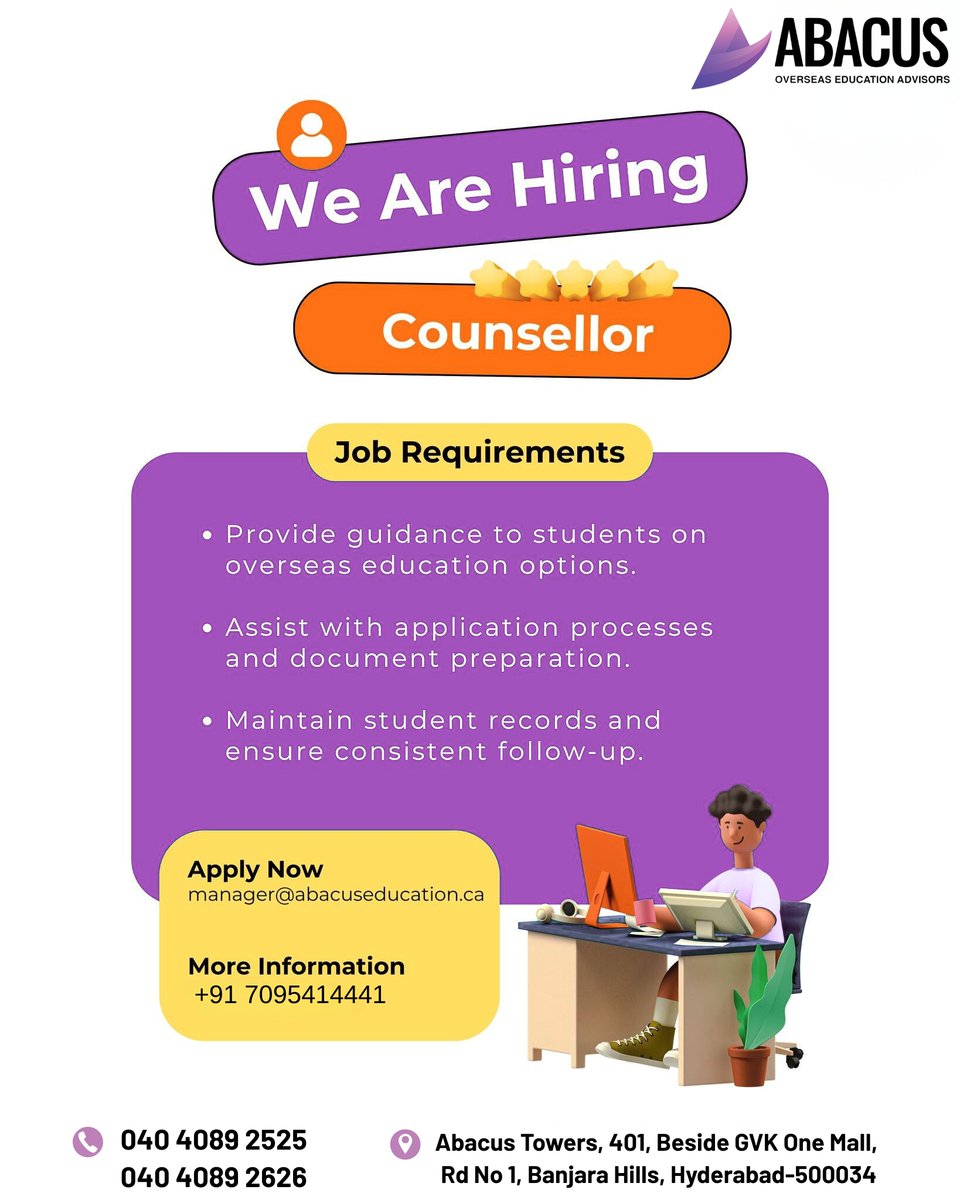 abacus_groups's tweet image. 🌟 We Are Hiring – Counsellor 🌟Join Abacus Overseas Education Advisors and help students achieve their dream of studying abroad! 🌍✈️🔹 Guide students on overseas education opportunities
🔹 Assist with applications &amp;amp; documentation
🔹 Maintain student records &amp;amp; ensure regular