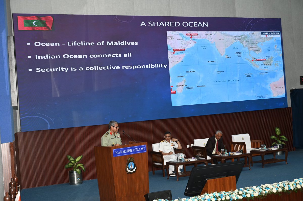 InNwc's tweet photo. Session 1 of #GMC26 at #InNwc, moderated by VAdm G Ashok Kumar (Retd), focused on strengthening mechanisms for real-time exchange of maritime information and operational coordination to counter illegal maritime activities. 

The session featured RAdm TVN Prasanna and Col Amanulla Ahmed Rasheed from Maldives. The deliberations, and the lively interactions that followed, underscored the critical necessity of actionable intelligence sharing, strengthening maritime domain awareness networks, interoperable processes and coordinated operational responses, for effectively securing regional maritime commons. 

#IORCooperation
#JointResponse