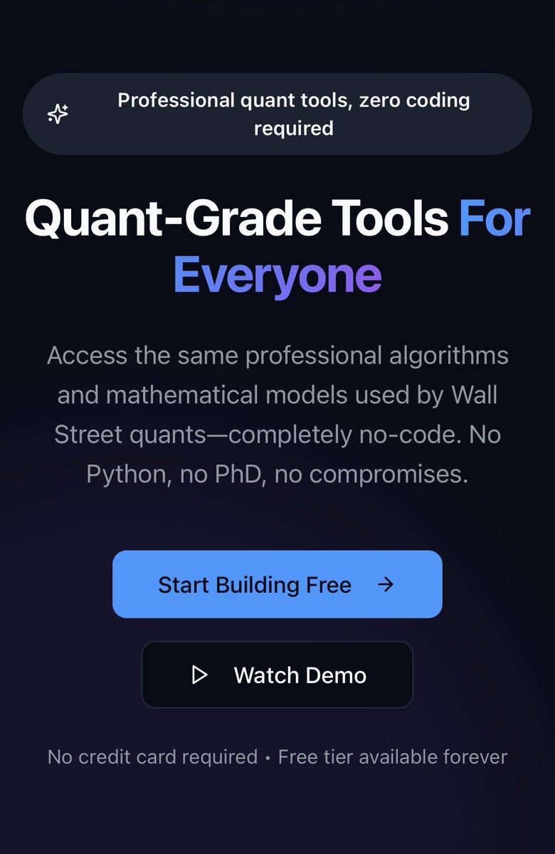 Wall Street–grade quant tools.
Zero coding required.

No Python. No PhD. No compromises.

We’re giving everyone access to the same professional algorithms and mathematical models used by top quants.

This changes the game. 🔥

#Quant #Fintech #NoCode #Trading #BuildInPublic