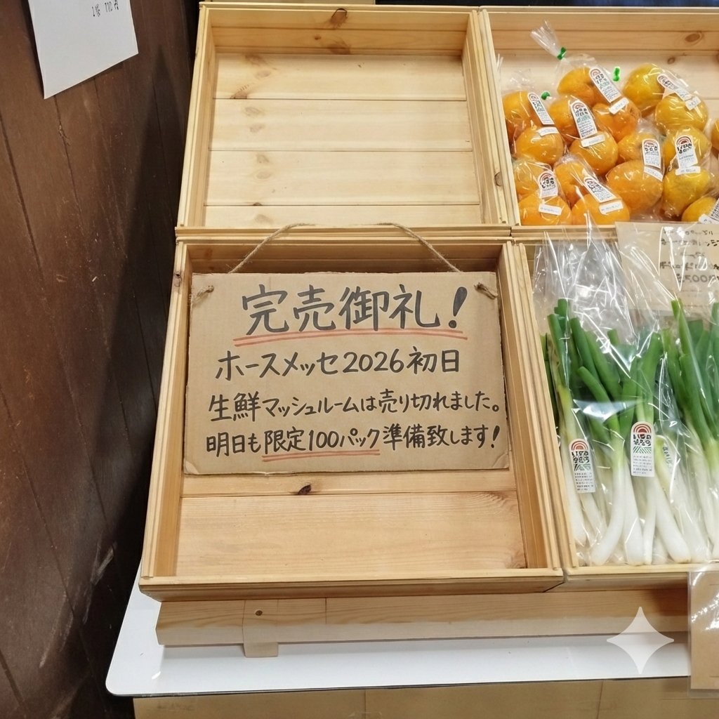 ホースメッセ2026の初日
完売御礼🙇
数量限定の生鮮のマッシュルーム 販売はお陰様で売り切れました
明日も限定100パック準備致します

明日&amp;明後日も厩舎エリアE24に出店します！

よろしくお願いしマッシュ！！