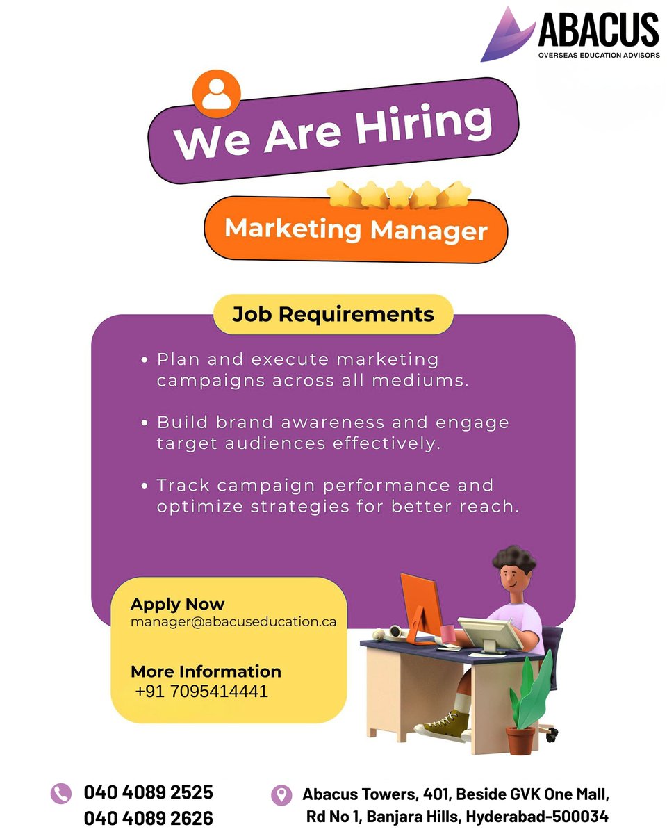 abacus_groups's tweet image. 🚀 We Are Hiring – Marketing Manager 🚀

Join Abacus Overseas Education Advisors and lead impactful marketing campaigns in the overseas education industry! 🌍✨

🔹 Plan &amp;amp; execute marketing campaigns across multiple platforms
🔹 Build strong brand awareness and engage target