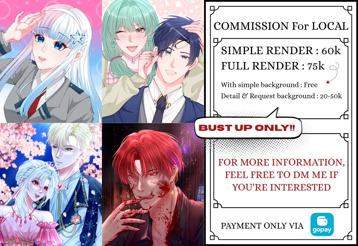 ‼️URGENT COMMISSION for Local‼️

✨Likes and RTs much appreciated✨

Karena aku lagi bokek dan pengeluaran bulan depan bakal cukup banyak😔 Aku open commis untuk simple dan full render🌹
bust up only ya guys!

Slot :
Simple render (0/5)
Full render (0/3)