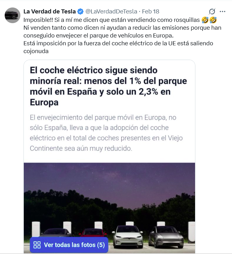 Ya con los brazos bajados y derrumbados pq las ventas suben y suben, sólo se cogen a decir obviedades. Renovar un parque de millones de coches al ritmo de venta, se tarda muchos años, y los coches actuales no se tiran.  Pobrecitos, han perdido su batalla, y sus hijos tendrán EV