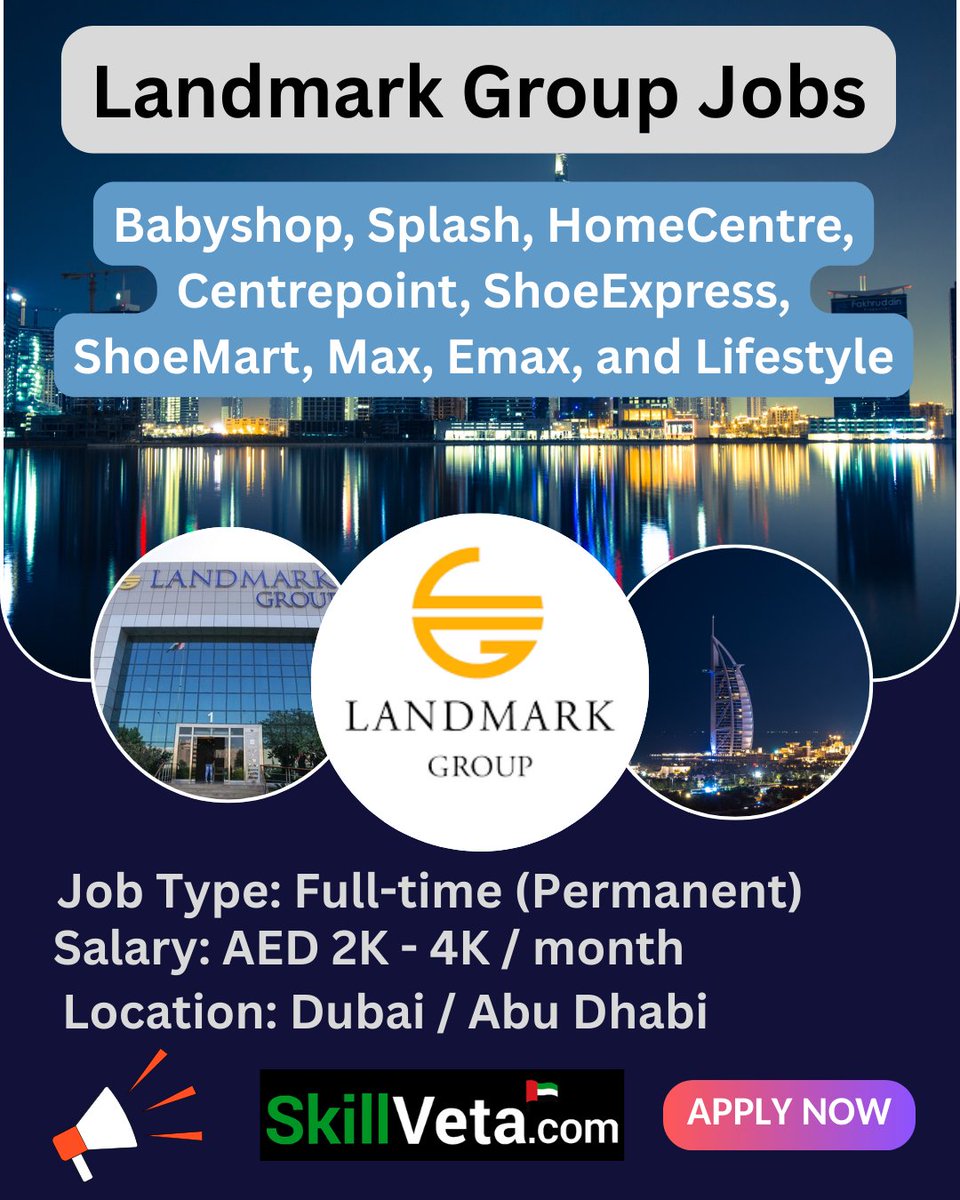 SkillVeta's tweet photo. 🚀 Landmark Group UAE Careers 2026 – Hiring Now

👉 Apply Now: https://t.co/T1Qy7vbOOb

💰 Salary: AED 2000 – AED 4000

#LandmarkGroupCareers #DubaiJobs #UAECareers #RetailJobsDubai #DubaiVacancies #GulfJobs #FreshersJobsDubai #DubaiHiring #JobsInUAE #DubaiRetailJobs https://t.co/iLTklxP2T8