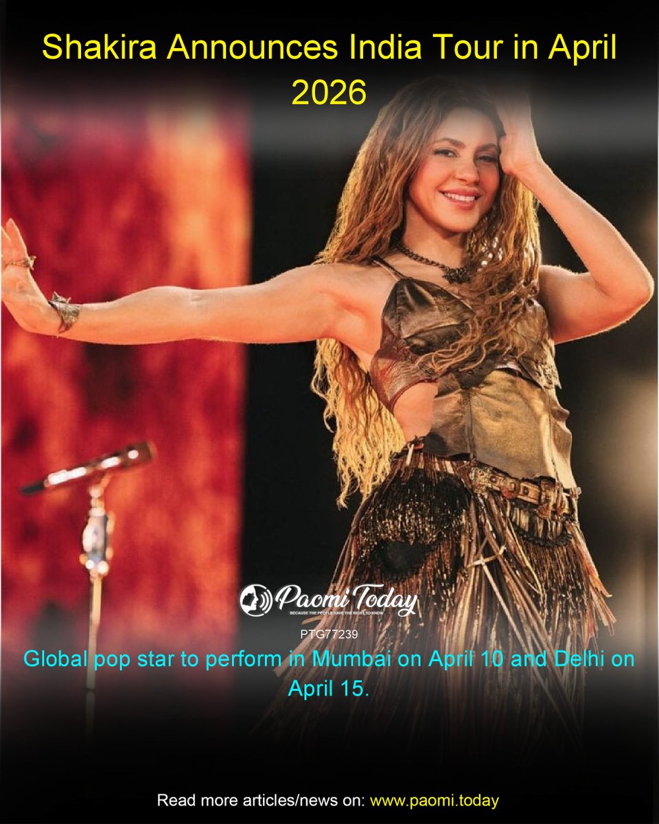 Grammy-winning Colombian pop icon Shakira is set to return to India this April with a two-city tour. She will perform at Mahalaxmi Racecourse, Mumbai on April 10 and Jawaharlal Nehru Stadium, Delhi on April 15, 2026.
#PaomiToday #Paomi #Shakira #IndiaTour #MumbaiConcert #Live