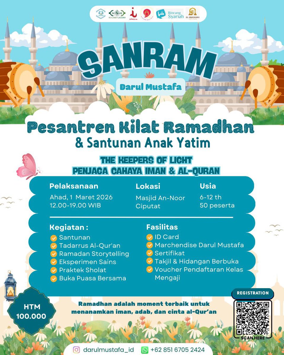 islamidotco's tweet photo. Siapa yang tinggal di Area Tangsel dan sekitarnya?
Yuk, ikut Pesantren Kilat Ramadhan Darul Mustafa.
🗓 Ahad, 1 Maret 2026
⏰ 12.00–19.00
📍 Masjid An-Noor Ciputat
👧👦 Usia 6-12 tahun (Kuota 50 peserta)
💰 Rp100.000

Daftarkan segera melalui link berikut: https://t.co/HbotCF5uGU https://t.co/H2fVvSDAOQ