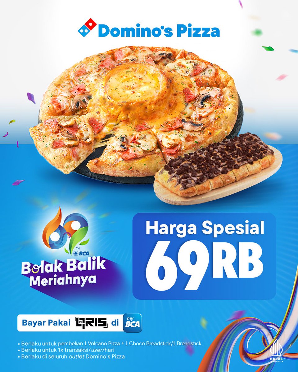 katalogpromosi's tweet image. Masih Promo HUT BCA 69 
Medium Volcano Pizza + side dish cuma 69RB 🔥🍕
Berlaku 21–22 Feb 2026, bayar pakai QRIS myBCA di seluruh outlet Domino’s Pizza. 

1x transaksi/nasabah/hari.
Detail lengkapnya ada di sini 👉 katalogpromosi.com/promo-dominos-…
#PromoDominos #DominosPizza #PromoBCA