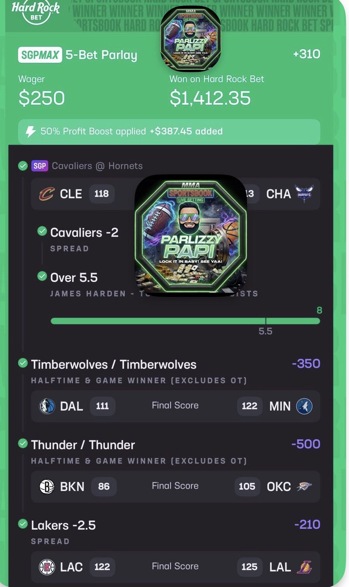 I AM HIM 🐐
Back-to-back called and cashed for the Parlizzy Papi Family Discord! ✅✅
$250-$1400! 💸💰

Tomorrow for UFC Houston, to celebrate 2,000 members, we'll do a giveaway for all Discord members: $200 split among 4 people ($50 each). Make sure notifications are on for the