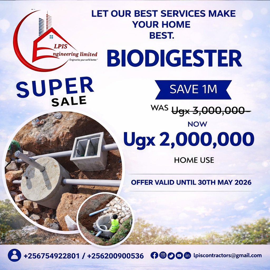 EngSKJoshua's tweet image. 🚨 SUPER SALE ALERT! 🚨
Own a Home Biodigester at ONLY UGX 2M (Save 1M!) 💰
Clean. Smart. Long-lasting.
📞 0754922801 / 0200900536
#ELPISengineering #ConstructionAtItsBest #Biodigester #Uganda