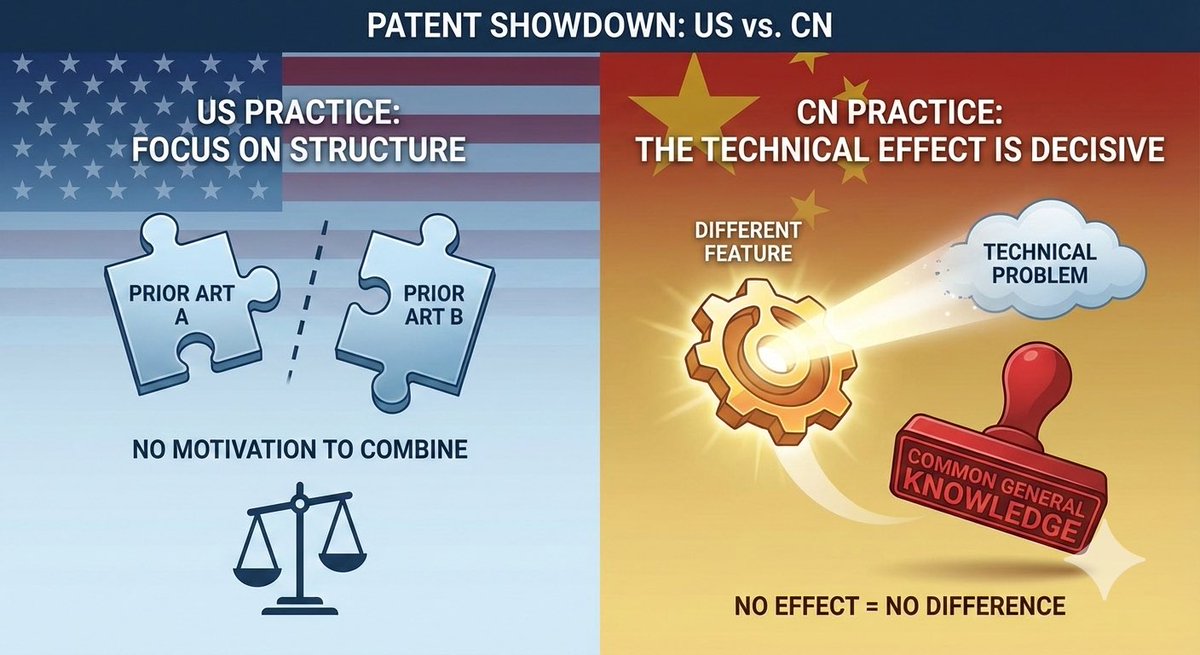 Patent_Go's tweet photo. Why do patents surviving US obviousness rejections get crushed in China (CN)? 🤔
It’s Structure vs. Technical Effect. 🧵⬇️
🇺🇸 US Practice: Focuses on structural differences. If prior art lacks a "motivation to combine" to reach your structure, you typically win. https://t.co/WDuHWRypFu
